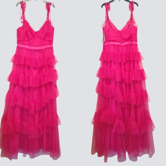 Betsy & Adam Long Ruffle Tier Mesh Deep V neckline Evening Prom Maxi Dress - Picture 5 of 10